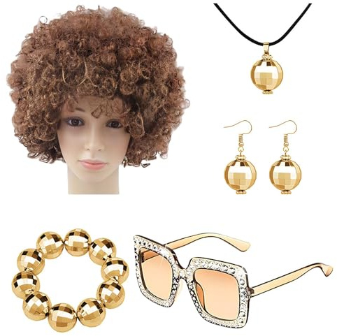 Tiajingzi 1970-talet disco tillbehörsset för kvinnor, 70-tals discoltillbehör, 5-delad diskokula tillbehör 70-talet diskokostym set, halsband, afroperuk, örhängen, armband för män och kvinnor,
