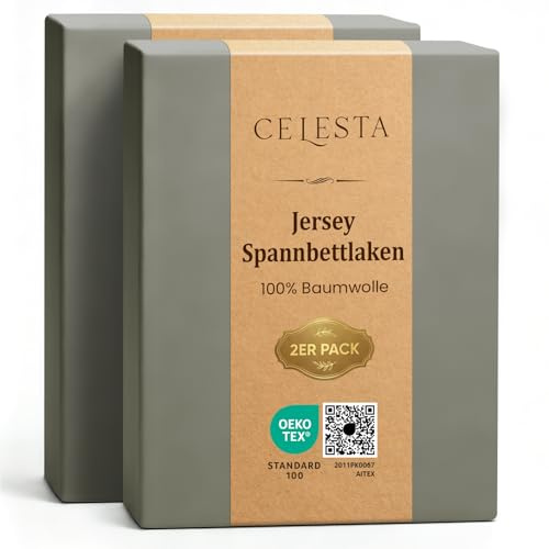 CELESTA Spannbettlaken 90x200 100% Baumwolle 2er Set, Oeko-TEX zert. | Bettlaken 100 % Baumwoll-Jersey, Spannbetttuch 90x200, 2 Stück, Matratzenhöhe bis 25 cm für Boxspringbett, Dunkelgrau
