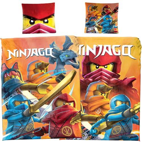 LEGO Ninjago, biancheria da letto con scritta in lingua tedesca Abalita dei dragh, 135 x 200 cm + 80 x 80 cm, 100% cotone renforcé, motivo double-face, Lloyd Kai Jay Arin Sora & Drago, Ryu, regalo