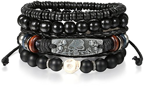 JewelryWe Herren Leder Armband Set, Retro Wickelarmband Kugel Perlen Leder Seil Geflochten Armreif Perlenarmband Surfer Surferarmband