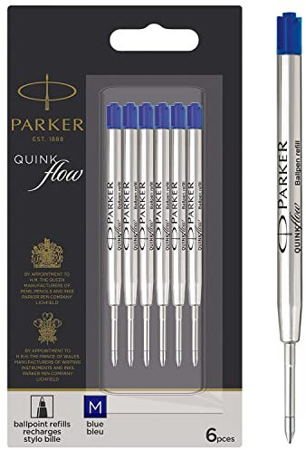 Parker Ballpoint Pen Refills | Medium Point | Blue QUINKflow Ink | 6 Count Value Pack