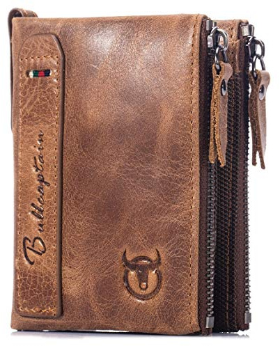 BULLCAPTAIN Genuine Leather Wallet for Men Vintage Bifold with Double Zipper Pockets (Brown)