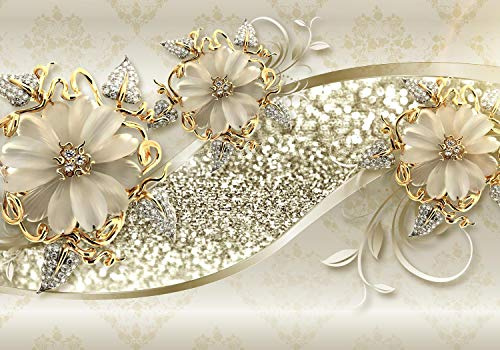 wandmotiv24 Fototapete Goldene Blüten, XL 350 x 245 cm - 7 Teile, Wanddeko, Wandbild, Wandtapete, Ornamente, Blumen, Ranken M1858
