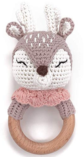 OLGS Beißring gehäkelte Tiere Löwe mit intigrierter Babyrassel, Greifling Spielzeug Beißring Holz, Geschenk zur Geburt für Baby & Kinder Junge/Mädchen (Reh)