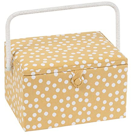 Hobby Gift Esclusiva grande scatola da cucito, scatola portaoggetti artigianale, vassoio per accessori, puntaspilli, manico in PVC, 23,5 x 31 x 20 cm, pois ocra