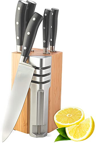 5pc Kitchen Knife Block Set - Henley by Taylors Eye Witness Stainless Steel Knives & Bamboo Wood Holder, Paring, All Purpose, Carving, Bread & Chefs Knives with 3-Stage Sharpener. 10 Year Guarantee