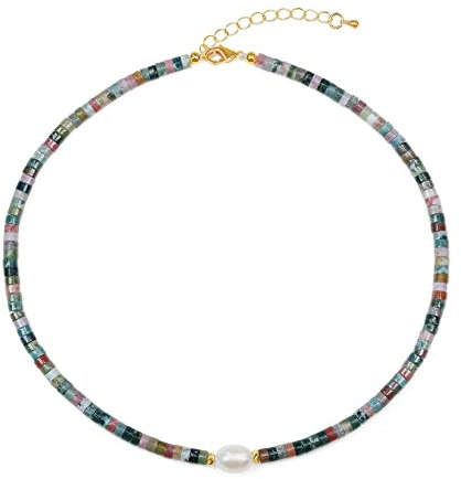 COAI Geschenkideen Choker Halskette mit Natürlichen Weißen Süßwasserperlen Indischer Achat Heishi Perlenkette für Damen Frauen
