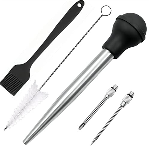 Viwehots Turkey Bsater, Stainless Steel Turkey Baster Silicone Bulb with 2 Marinade Injector Needles and 2 Brush for Cooking Easy Clean and Dishwasher Safe Color Black