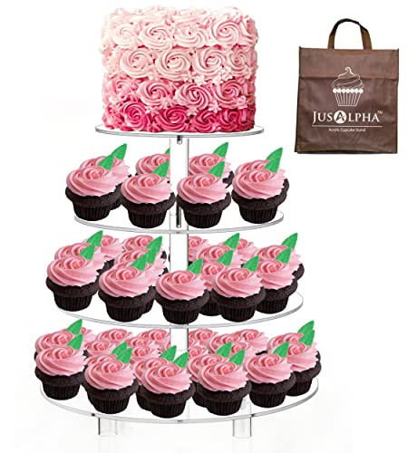 Jusalpha® 14'' Width Extra Large Cupcake Stand 4 Tiered Acrylic Glass Square Cake Stand-Cupcake Stand- Dessert Stand-Tea Party Serving Platter-Candy Bar Party Décor, 4RFL (Round)