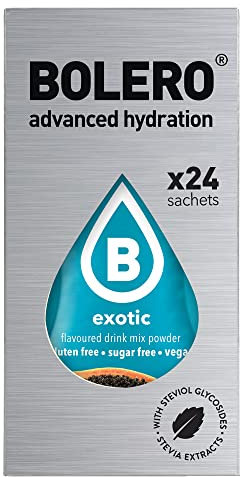 Bolero Bebida 24 bolsitas de 3 g g de fruta preparada en polvo soluble para bebida fresca en agua, 72 gramos endulzado con stevia (Exotic)