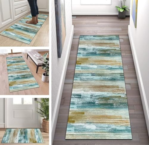 ZUZEKU Küchenläufer Waschbar rutschfest Grün Braun 80x250cm Flurläufer Korridor Teppichläufer Küchenteppich Schlafzimmer Esszimmer Polyester Meterware Anpassbar