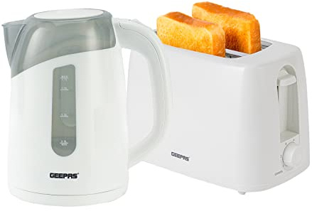 Geepas 650W 2 Slice Bread Toaster & 2200W Illuminating Electric Kettle Combo Set - 1.7L Cordless Jug Kettle for Hot Water Tea, Toaster with 6 Level Browning Control, Cancel - 2 Year Warranty, White