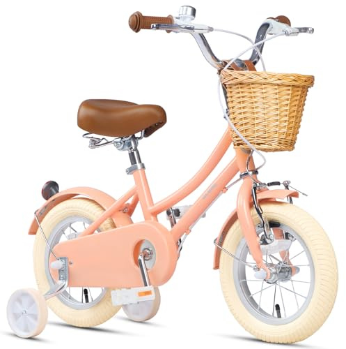 Glerc 12 Zoll Kinder Mädchen Fahrrad für 3 4 5 Jahre alt kleine Mädchen Retro Vintage-Stil Fahrräder mit Korb Training Räder und Glocke, Pfirsich