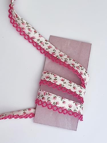 Designer Popeline Schrägband Blümchen Mit Spitze Baumwolle OEKO-TEX Made in Holland (Dunkel Rosa)