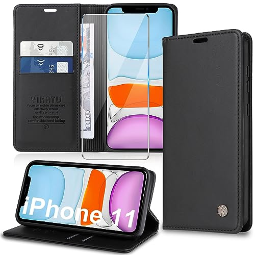 Migexxkj Handyhülle für iPhone 11 Hülle [mit Schutzfolie][Premium PU Leder] Klapphülle Ständer Kartenfach Magnetic Flip Case Cover Etui Tasche Schutzhülle für iPhone 11 6.1“ (Black)