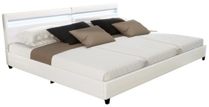 Home Deluxe - LED Bett NUBE - Weiß, 270 x 200 cm - inkl. Lattenrost und Schubladen I Polsterbett Design Bett inkl. Beleuchtung