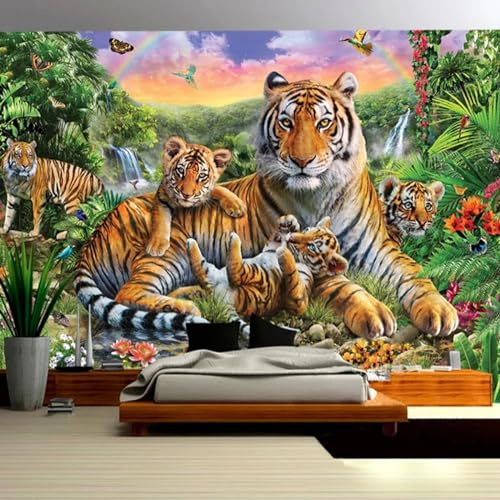 KoKoty Fotomurales 3D Familia de tigres de animales del bosque.-350 x 260 cm-XXL Papel pintado Seda Decoración de Pared decorativos Murales moderna de Diseno Fotográfico