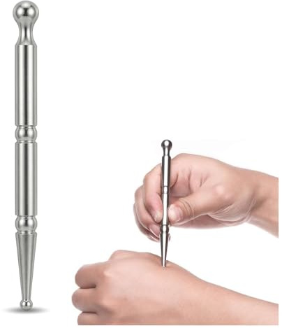 CLISPEED Stainless Steel Pen Massage Tool - Handheld Massage Stick Acupressure Pen Muscle Scraper Guasha Rod for Face Neck Back Eye Hand, Facial Reflexology Tool Silver