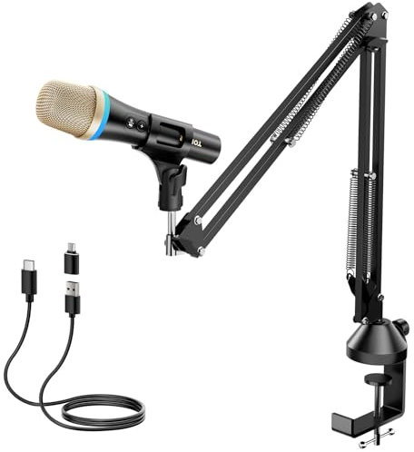 TONOR Dynamisches USB/Typ-C Mikrofon für PC, RGB Podcast Computer Gaming Mikro mit Arm Ständer für Aufnahme, Live, Streaming, YouTube, Gesang, Studio, Karaoke Microfon Quick Mute-Taste Schwarz