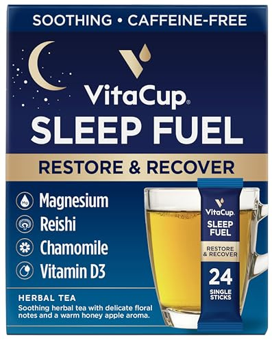 VitaCup Sleep Fuel Instant Tea Packets for Deep REM Sleep, Relax & De-Stress w/Chamomile, Magnesium, Vitamin D3, Coconut Water, Coconut Milk, Potassium, Calming for Full Body Relaxation, 24Ct