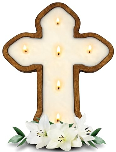 Dough Bowl Candle Co. Cross Candle - 14x10x1.5 Spiritual Prayer Candles for Lent, Altar, or Meditation, Christian Religious Decor for Home, 100% Soy Wax Catholic Gift, Floral Spring Religious Gifts