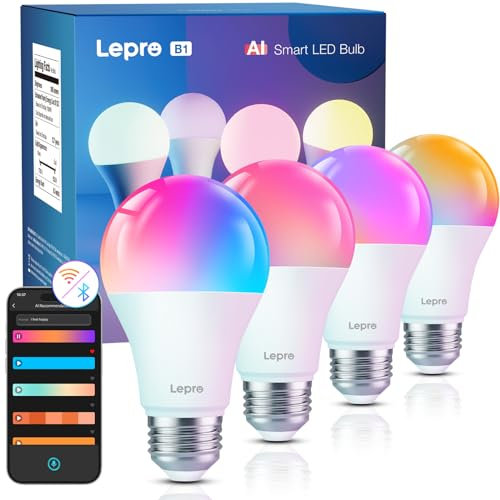 Lepro AI Smart Glühbirne B1, E27 Lampe 8.5W 806lm Dimmbar, Personalisierter KI-Lichtdesigner, Sprachsteuerung/Musik Sync, WiFi & Bluetooth Smart Bulb, Kompatibel mit Alexa/Google Assistant, 4 Stück