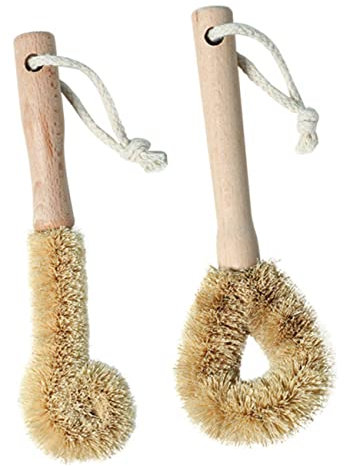 FRCOLOR Natural Palm Fiber Pot Brush Set of 2 Long Handle Scrubber for Deep Cleaning Pots Pans Bottles and Non-Scratch Cleaning of Stoves and Tiles