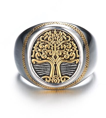 GTHIC Edelstahl Baum des Lebens Wikinger Siegelring für Männer und Frauen Goldton Vintage Weltenbaum Yggdrasil Amulett Ring Rund Unisex Wikinger Schmuck US Größe 7