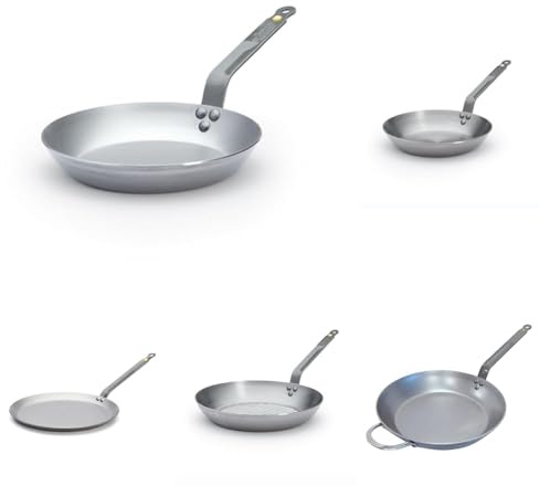 DE BUYER - Lot de 6 Poêle en tôle d'acier Mineral B - 24, 26, 28 et 32cm, 26cm Poêle à crêpes, 32cm Poêle grill- Fabriquées en France, Sans PFAS,Inox 18/10, Tous Feux + Four, Finition Poli Brillant