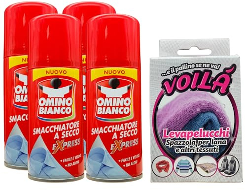 SET: 4x Smacchiatore a Secco Express, Facile e Veloce, Non Lascia Aloni 125ml + Spazzola Levapelucchi Per Lana e Altri Tessuti