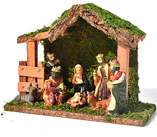 Statuina del presepe di Natale, statua del presepe, presepe in miniatura con 8 figure e stalla, stalla per presepe con scena di Natale per decorazioni natalizie, esposizione festiva per la casa,A