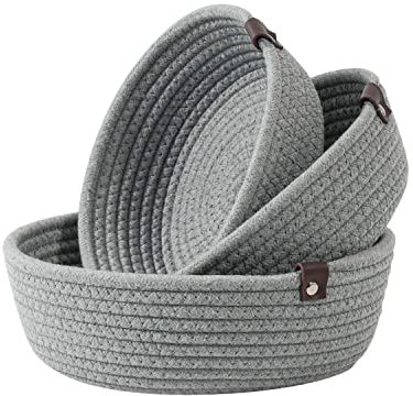 Set of 3 Cotton Rope Storage Baskets - Small White Organizers for Bathroom, Nursery & Home, Handmade Woven (Grey)
