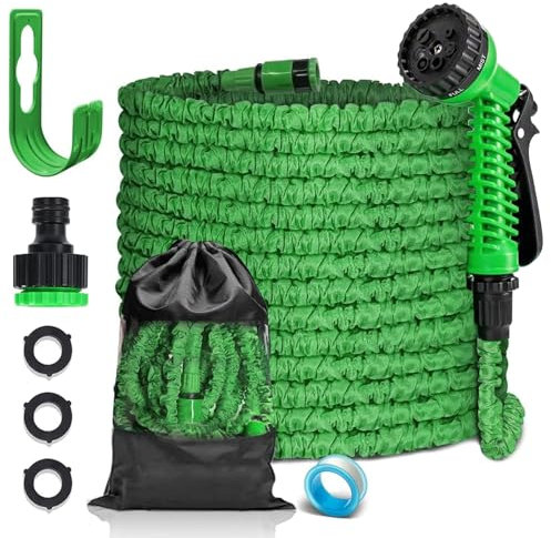 FASCINATDECO Flexibler Gartenschlauch 7,5m mit 7 Funktionen Brause, Wasserschlauch flexibel mit 3-Fach Latexkern inkl. Adapter für 1/2' 3/4' Zoll und Wandhalterung, dehnbarer flexiSchlauch
