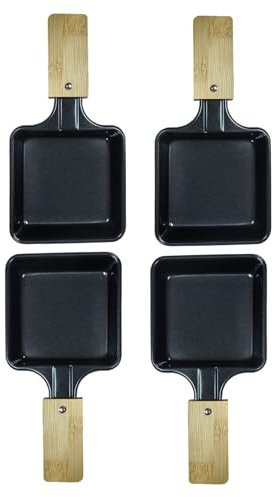 Kosmosta Square Shape Non-Stick Coated Mini Iron Grill Cheese Pan Melting Accessories for Raclettes Replacement trays Mini grill pans with bamboo handle(4pcs)