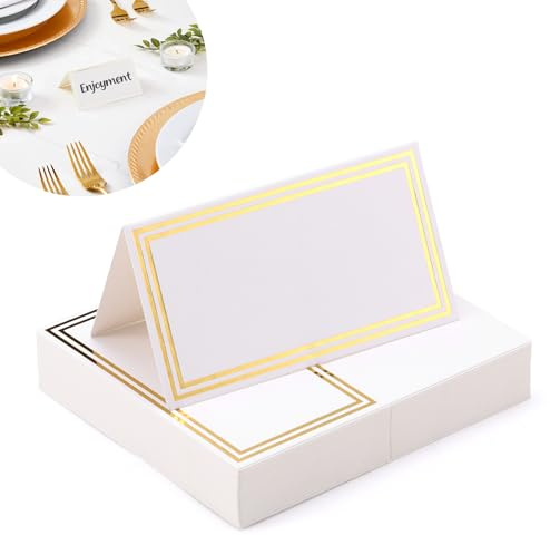 Mynoozi Lot de 50 marque-places de table avec double bordure dorée pour table de mariage, anniversaire, dîner (blanc)