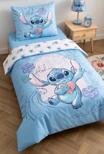 Lilo & Stitch Bettwäsche Aloha 135x200+80x80 – 100% Baumwolle – Blau | Wendebettwäsche | Renforcé | Stitch Aloha | Kinder & Fans | Offiziell lizenziert | Einzelbett