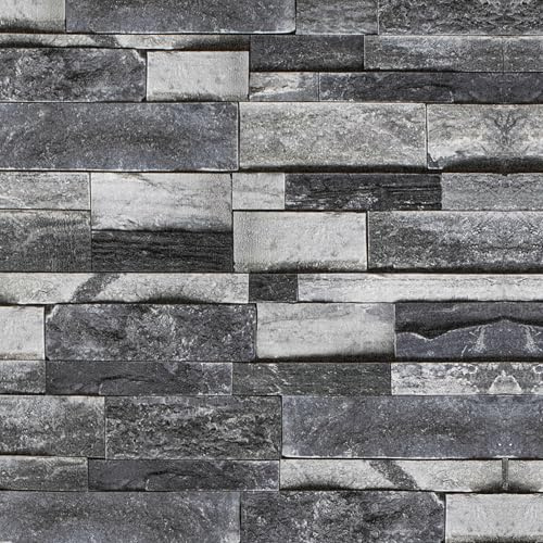AMIGO Selbstklebende Stein-Tapete Vintage Dunkelgrau 44x300cm | Ziegelstein-Effekt, wasserdicht, strukturiert. Für Küche, Bad, Kamin und DIY. Einfach anzubringen.