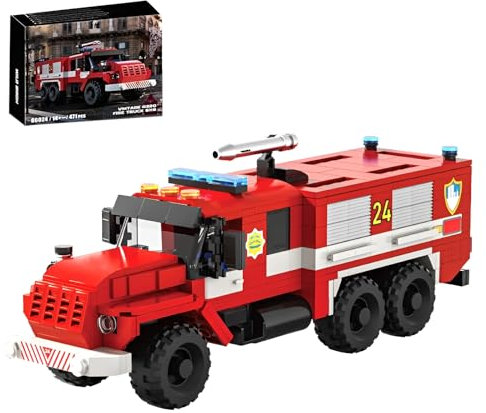 QuirkQuest Feuerwehr LKW Bausteine Bausatz, 472Stück Oldtimer Feuerwehr Truck Klemmbausteine Modell Kit, Feuerwehrgeräte Fahrzeug Auto Spielzeug, Ideen Geschenke Dekoration für Erwachsene Kinder