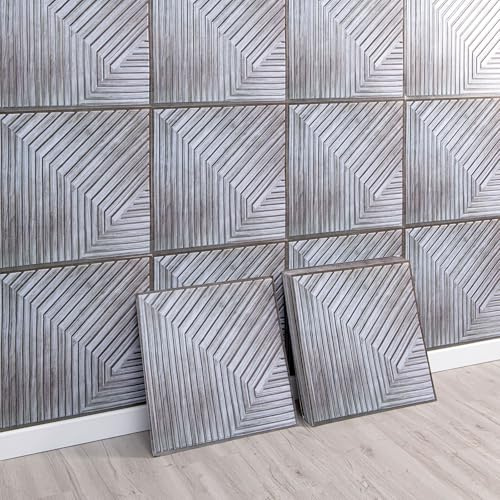 Tokenhigh 10Pcs 3D Wall Panels Self Adhesive, 30x30cm Wood Slat Effect Wall Tiles, Waterproof Peel and Stick Wallpaper, Decorative Wood Grain Printing Wall Stickers (Grey)
