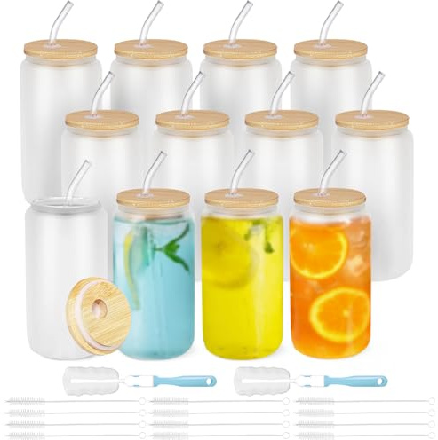 Loyaboho 12 Pcs 16oz Drinking Glasses Cups with Glass Straw and Bamboo Lids - Beer Can Shaped, Iced Coffee Tumbler Frosted Cup for Cocktail, Cola, Juice, Soda, Tea, Water | Gift Set Family Party Bar