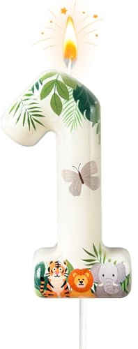 Sesine Green Forest Number 1 Birthday Candles - Tiger Lion Elephant & Butterfly Cake Topper for Birthday Decorations Supplies, Animal Themed Party Favors (Number 1)