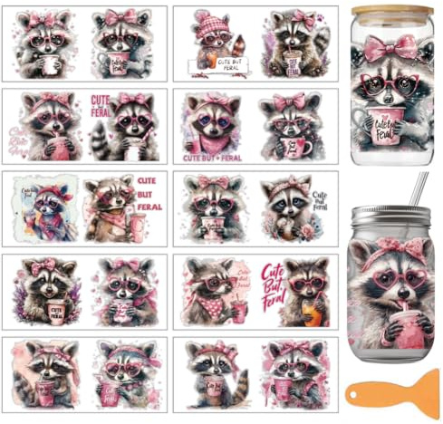 arricraft 10 Blätter Rosa Raccoon Thema UV DTF Tasse Transfer Aufkleber | 24x11cm Wasserfest Rub On Sticker Möbelfolie Selbstklebend für DIY Kunsthandwerk Becher, Flaschen, 16oz Glas, Möbel