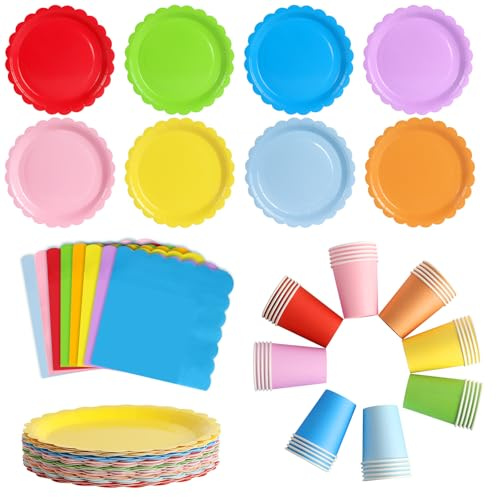 ZblPyro Colorida vajilla cumpleaños para 40 invitados con 40 platos carton ondulados 18cm, vasos de papel y servilletas. Ideal para fiestas infantiles y cumpleaños.