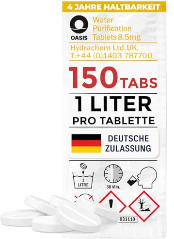 Wicked Chili Travel 1L Wasseraufbereitung Trinkwasser (150 Tabletten) | Wasserentkeimung & Trinkwasseraufbereitung für Wandern & Campen, Notfallrucksack Reiseapotheke, Blackout Notfall Ausrüstung