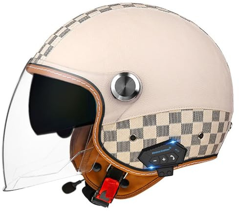Casque De Moto Bluetooth Vintage, Casque De Moto Cruiser, Casque En Cuir Véritable, Casque De Moto Électrique Toutes Saisons, Unisexe, Avec Visière Double Couche, Certifié DOT/ECE E4,XXL=62-63CM
