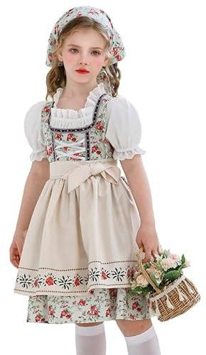 De feuilles Barn flickor 3 st tysk dirndl klänning oktoberfest kläder bayersk kostym medeltida byklänning + förkläde + huvudduk röd
