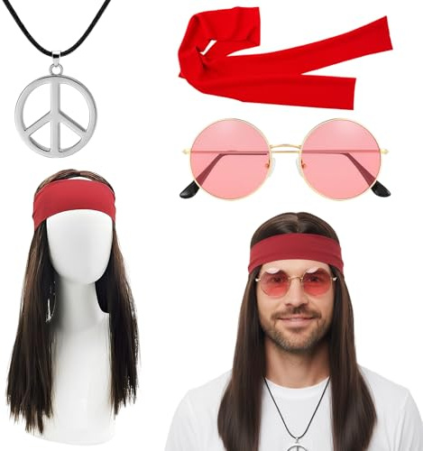 Hippie Kostüm Herren Set Mit Hippie Accessoires Und Peace Kette, Perfektes Outfit Für Karneval Feiern Und 70er Jahre Partys, Enthält Verstellbare Hippie Perücke Und Sonnenbrille