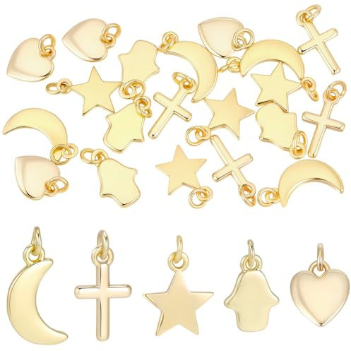 Beebeecraft 20 pz 5 Stili Placcati Oro Ciondoli A Forma di Luna Ciondoli per Gioielli Estetici in Vero Ottone Placcato Oro 18K Stella Cuore Croce Mano di Hamsa Piccoli Ciondoli Lisci per