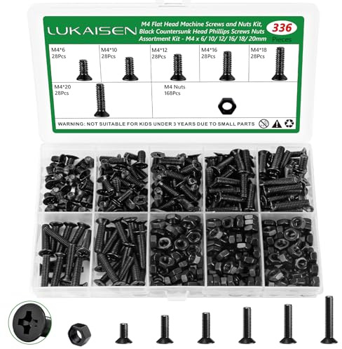 LuKaiSen 336 Pcs Black M4 Flat Head Machine Screws and Nuts Bolt Kit
