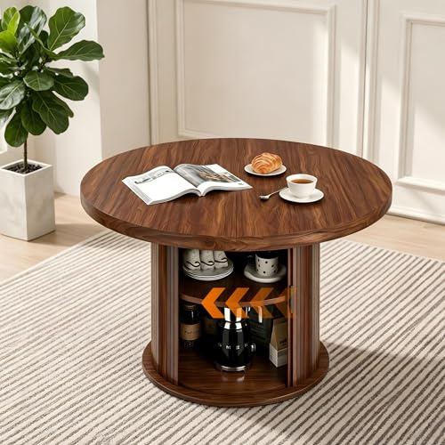 Songvas Runder Esstisch 120 cm, Küchentisch mit unterem Stauraum, Stabiler Metallrahmen, MDF-Tischplatte, Esszimmertisch für 4-6 Personen, Einfache Montage, Braun
